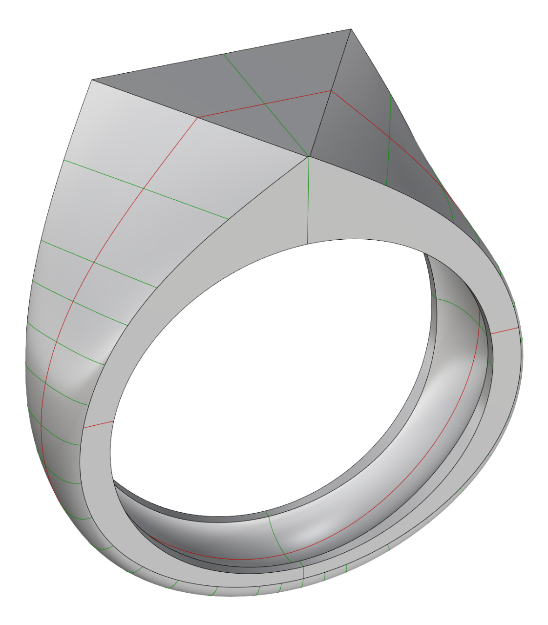 Anello a sigillo con base sfaccettata, modello Rhinoceros con isocurve in vista wireframe
