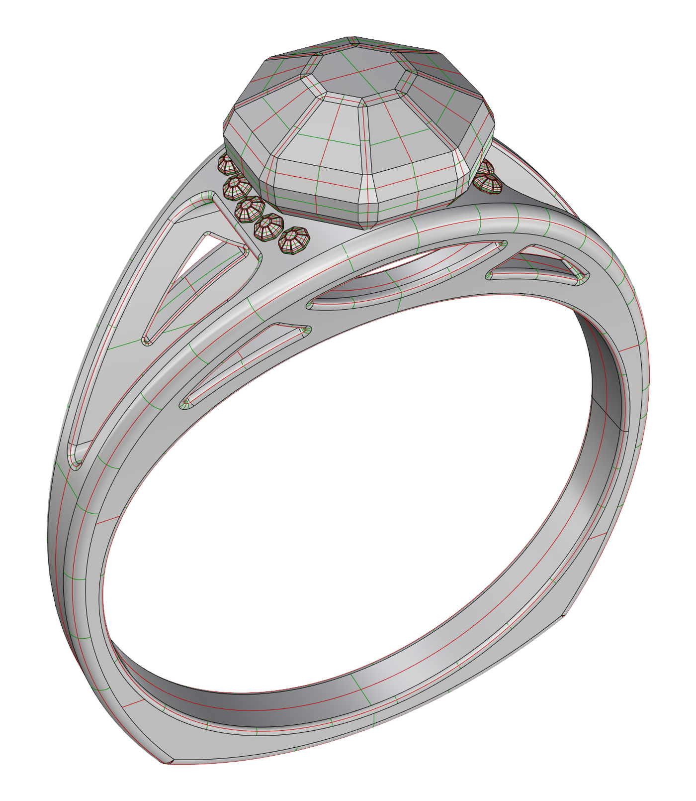 Modello Rhinoceros di un anello, vista wireframe con pavé e traforo laterale