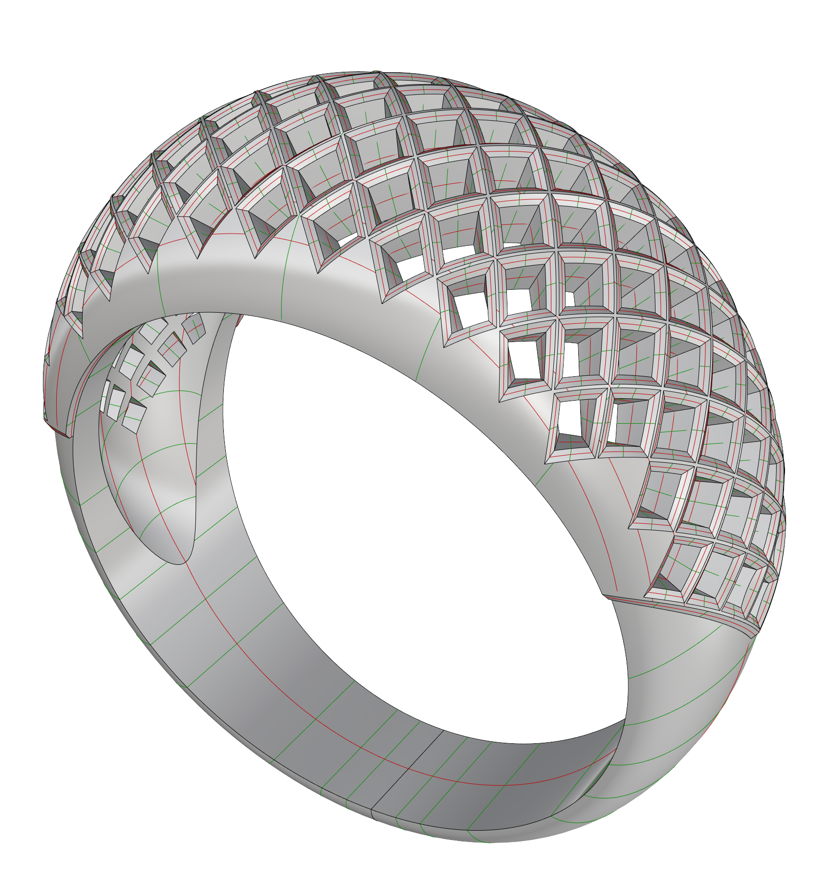 Anello con fascia a traforo geometrico, motivo a griglia sfaccettata, dettaglio in modellazione Rhinoceros