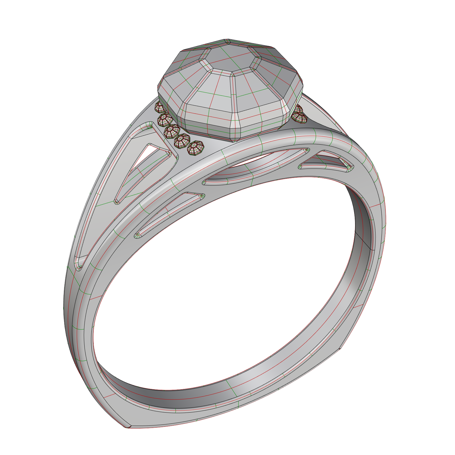 Anello con pietra centrale ottagonale, pavé laterale e fascia traforata, vista wireframe
