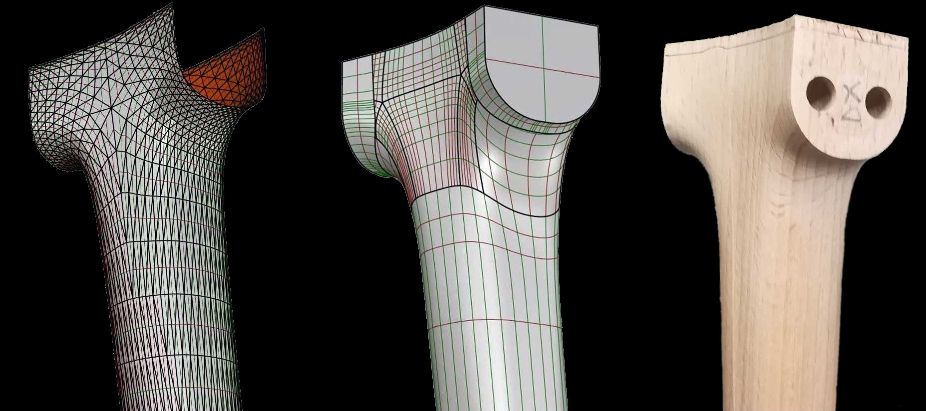 Sequenza scansione mesh, modellazione NURBS, gamba in legno con mortasa — variante 1