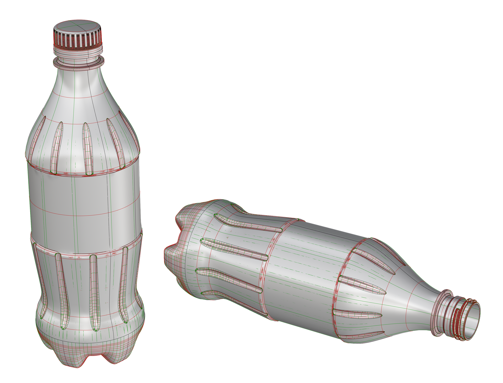 Bottiglia in plastica nervata modellata in Rhinoceros, due viste dello stesso esercizio con tappo a vite