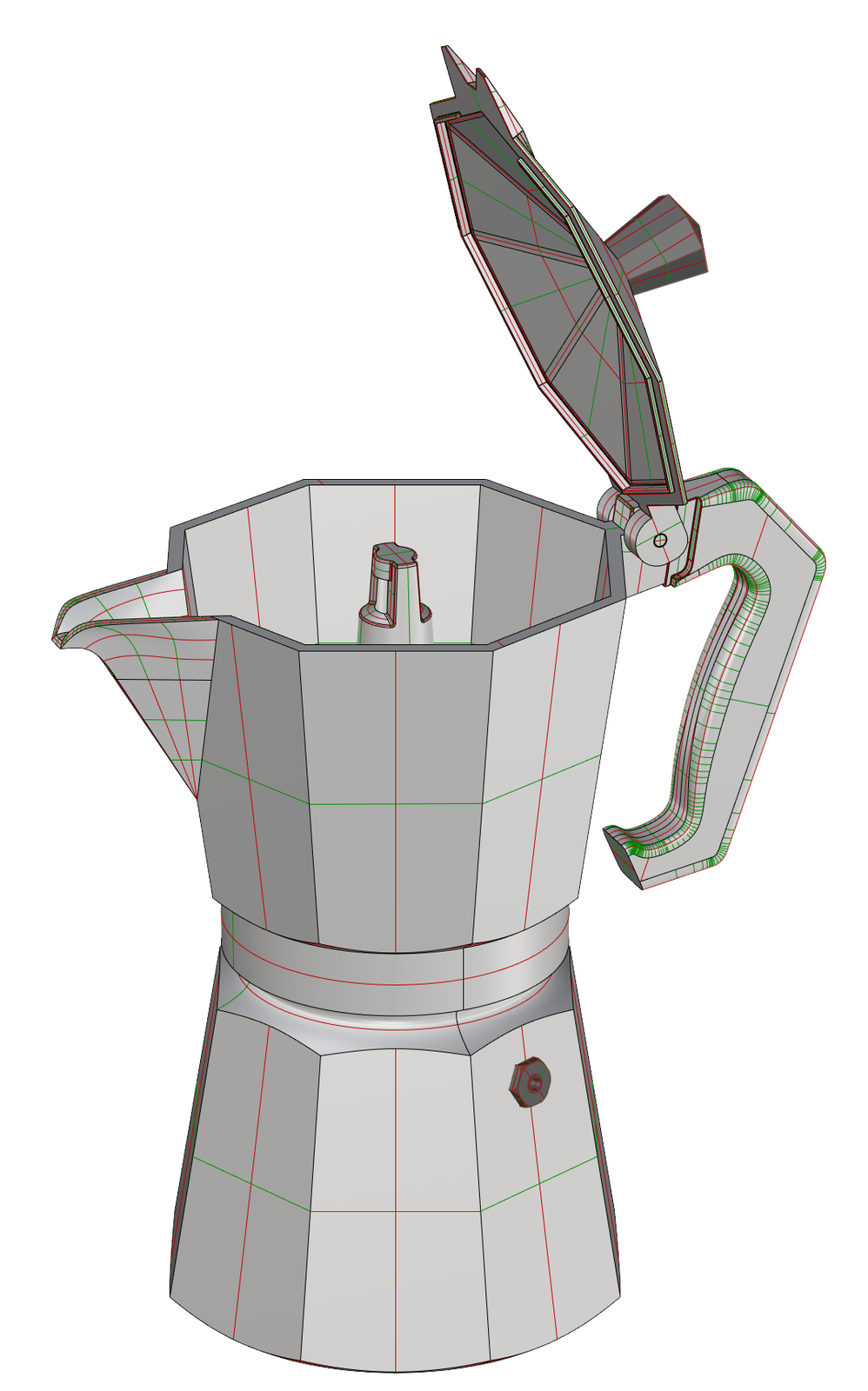 Caffettiera moka modellata in Rhinoceros, esercitazione su superfici sfaccettate e maniglia articolata